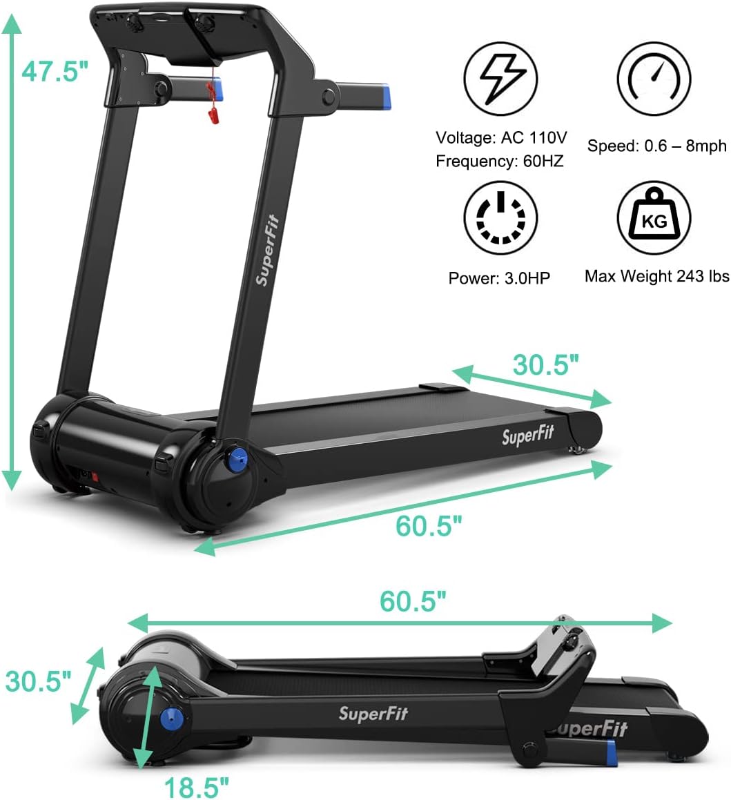 3.0HP Motorized Folding Treadmill, Portable Treadmills