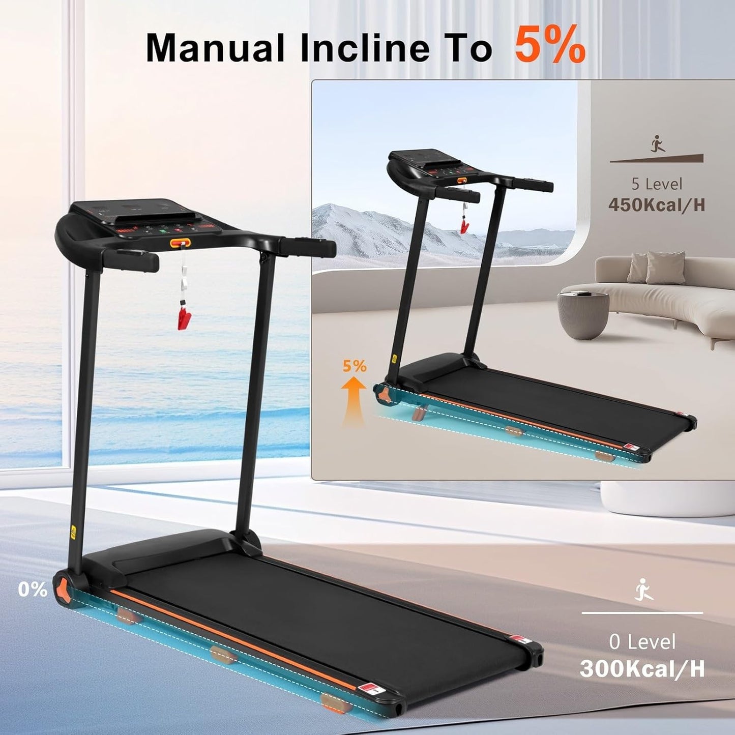 2.5HP Folding Treadmill for Home with Heart Rate Sensor