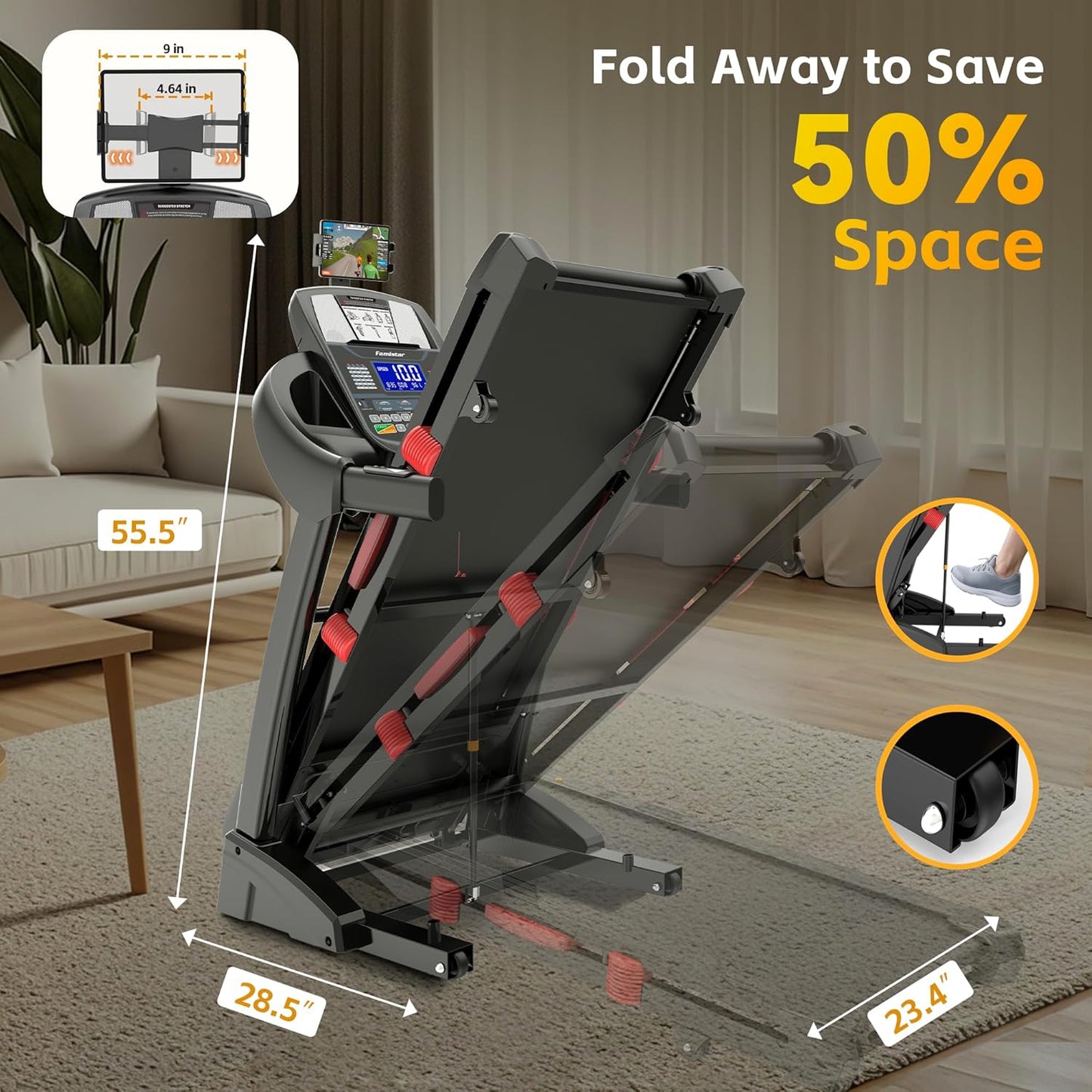 5.0 HP Folding Treadmills for Home with 15% Incline
