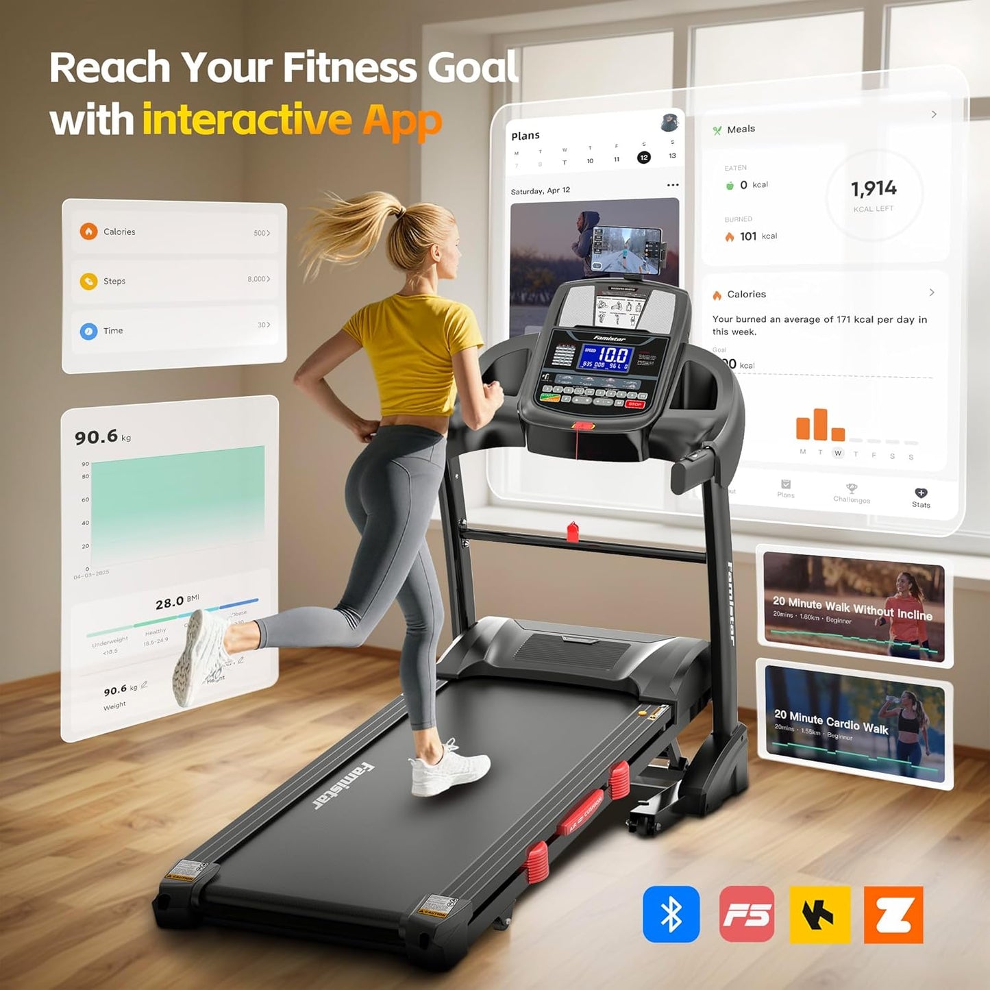 5.0 HP Folding Treadmills for Home with 15% Incline
